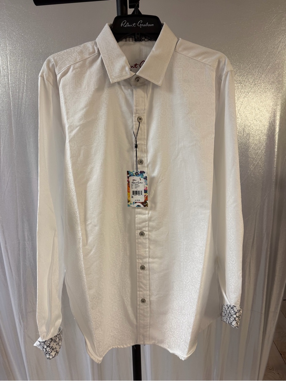 Robert Graham White Long-Sleeve Dress Shirt with Contrast Cuffs